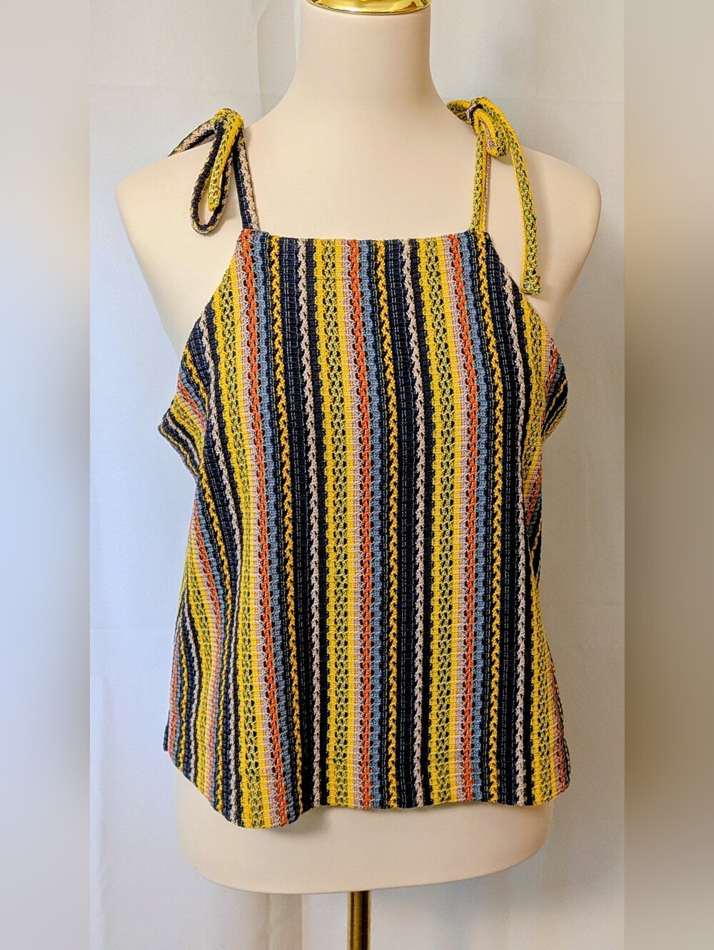 Madewell Striped Crochet Halter Tank Top in Yellow and Navy